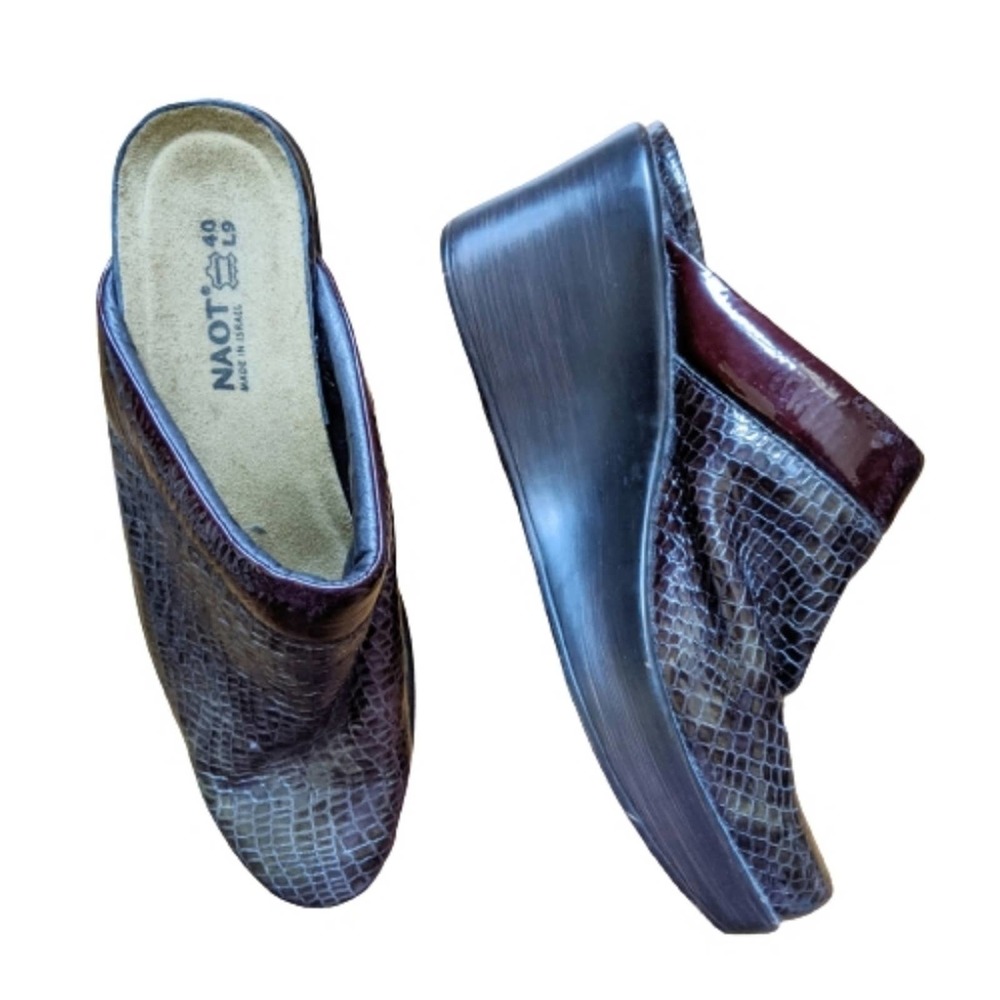 Naot Leather Bronze Metallic Wedge Clogs, Mules